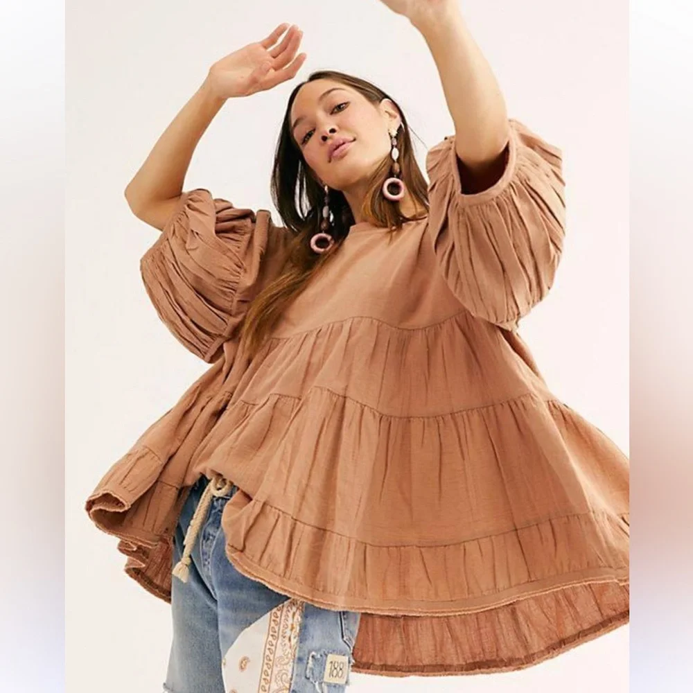 Free people Brianna tunic balloon sleeve open slit ruched flowy - Picture 7 of 15